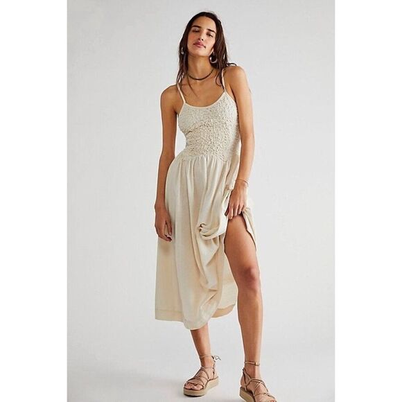 NWT FREE PEOPLE ENDLESS SUMMER Sz L SUMMER CHAPTER MIDI DRESS IVORY - Picture 1 of 3